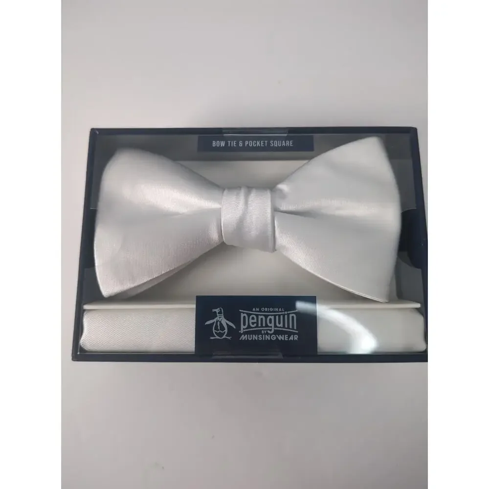 Original Penguin Bow Tie & Pocket Square‎ Set Choice of White or Plum / Eggplant